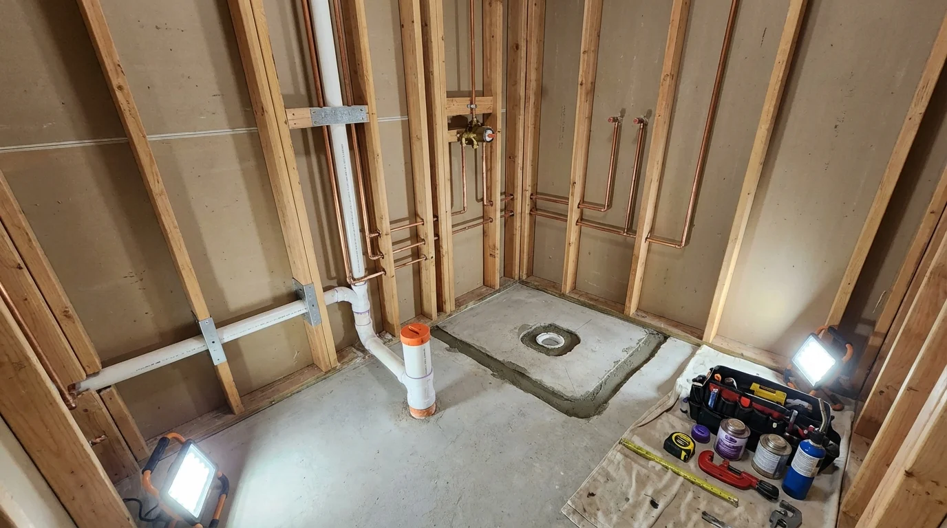 Bathroom rough-in plumbing during remodel by Johns Plumbing LLC in Wortham