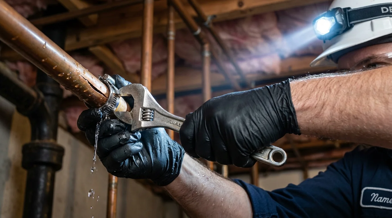 Emergency pipe clamp repair being performed by a Johns Plumbing LLC plumber in Wortham