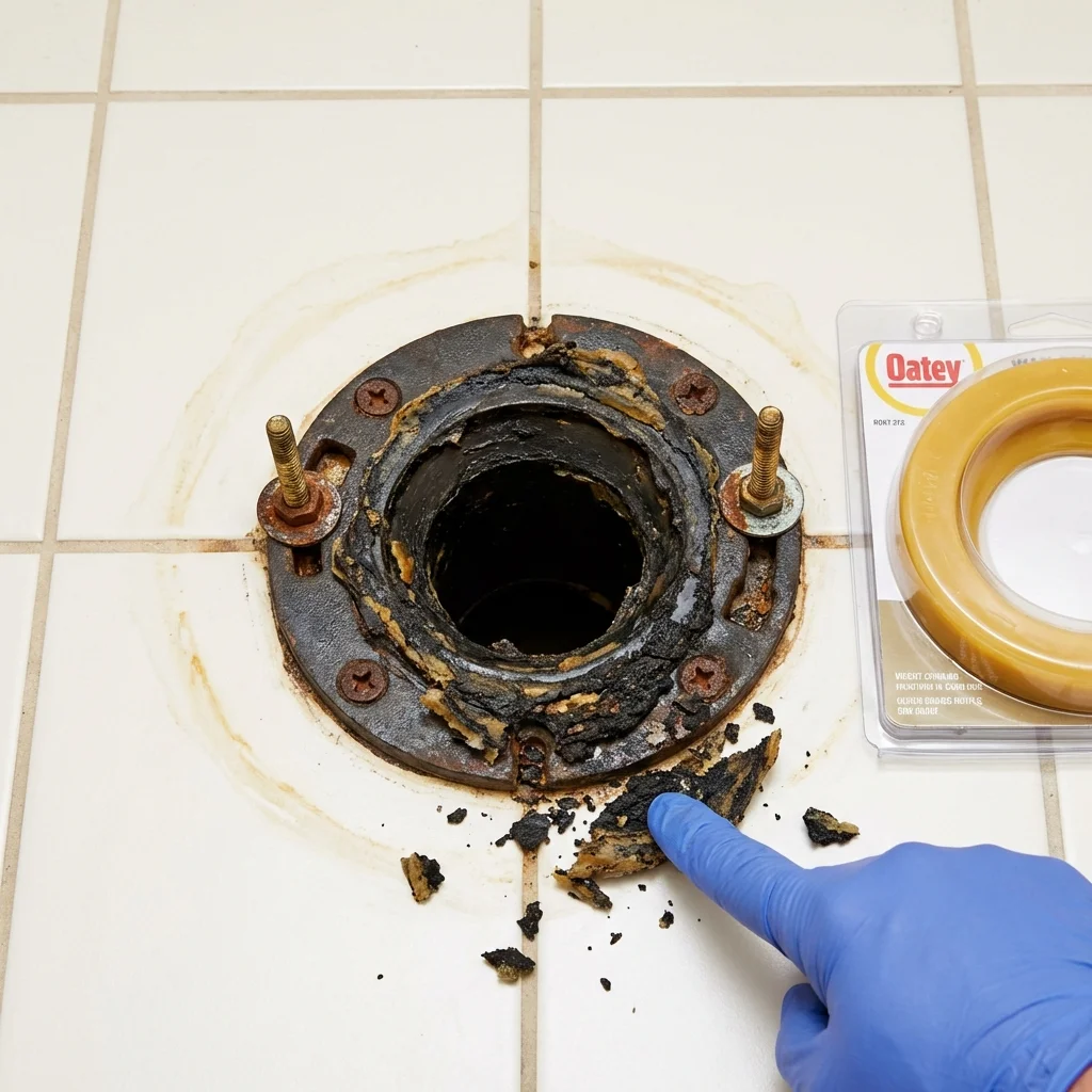 Failed wax ring showing water seepage at the base of a toilet in a Wortham, TX home