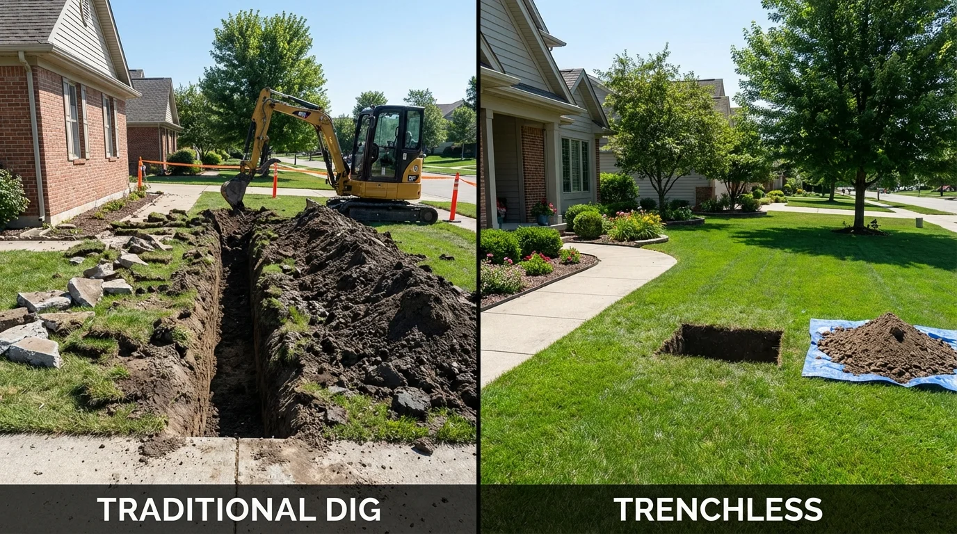 Trenchless sewer repair with minimal yard damage versus traditional excavation in Wortham, TX